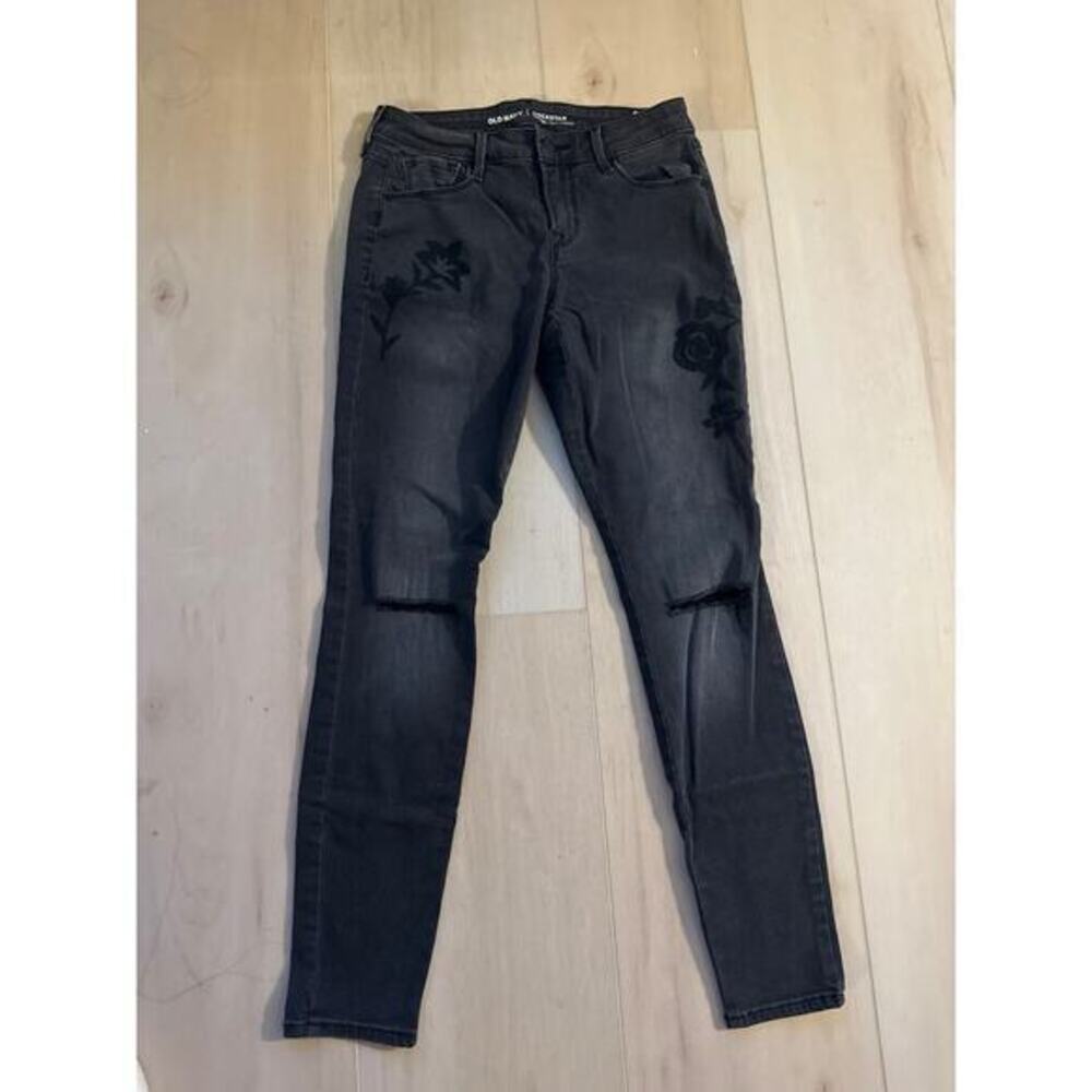 Old Navy Rockstar Super Skinny Embroidered Floral Distressed Midrise Jeans 2 Emo